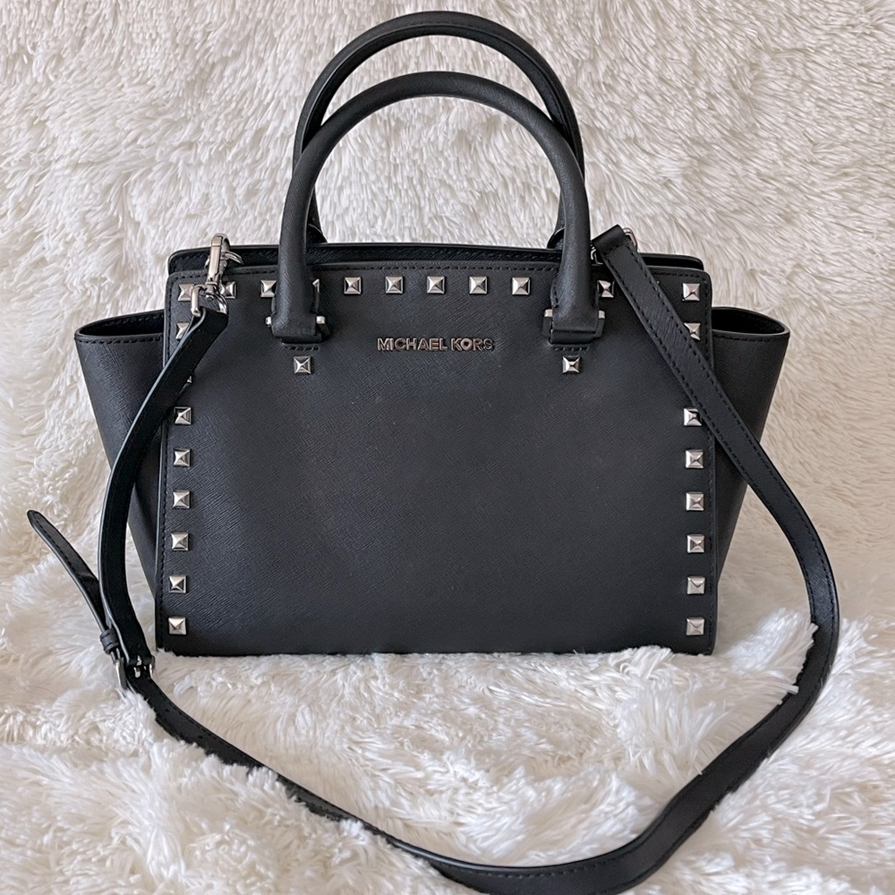 Michael Kors Studded Leather Selma Small Black Crossbody Purse Bag